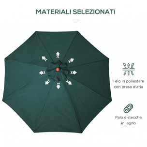 Outsunny Sombrilla Ø300x250 cm Parasol con Poste de Madera con Sistema de Poleas de 8 Varillas con Fijación para Jardín Patio Terraza Verde