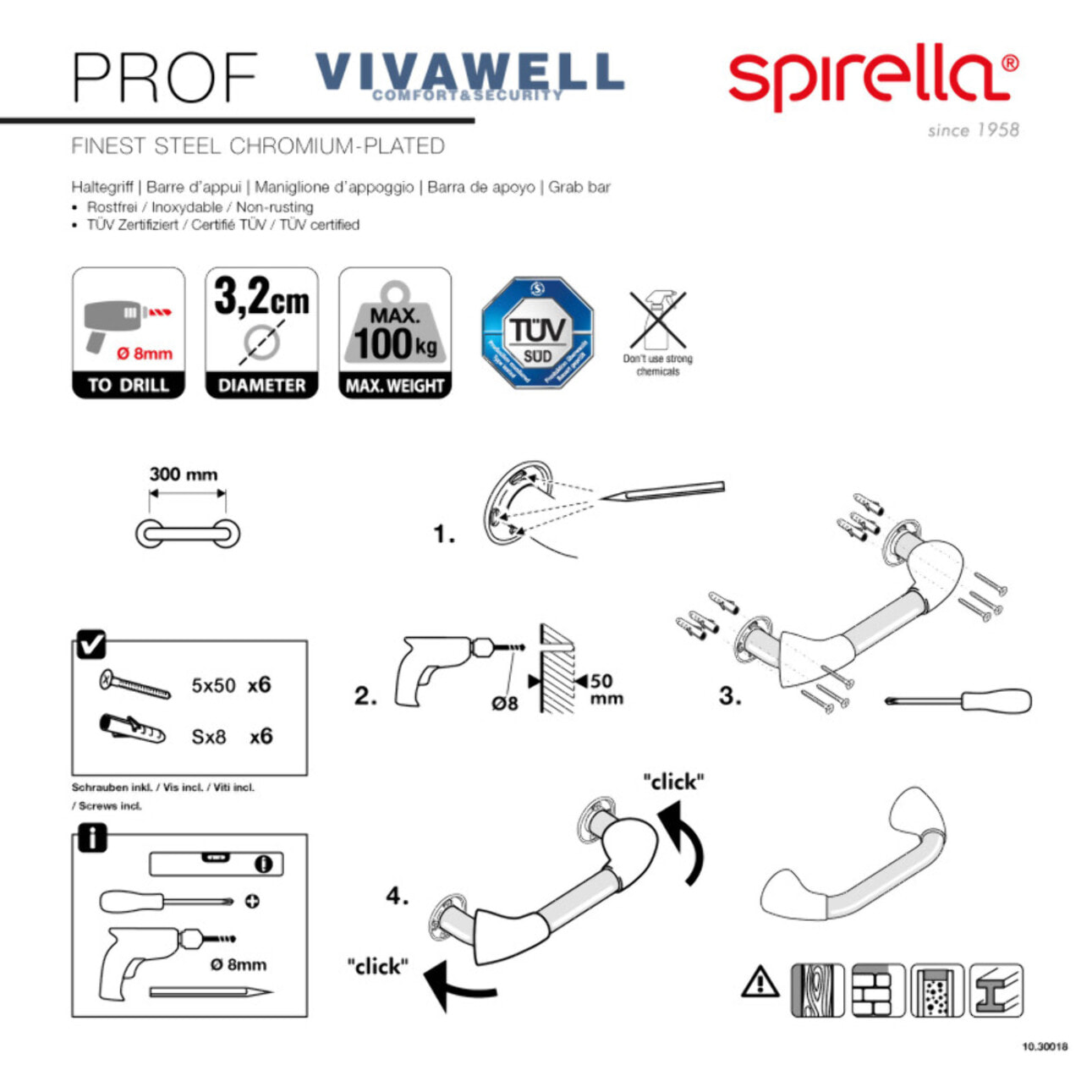 Barre de redressement ou d'appui PROF Acier Inox 30cm Chrome Spirella