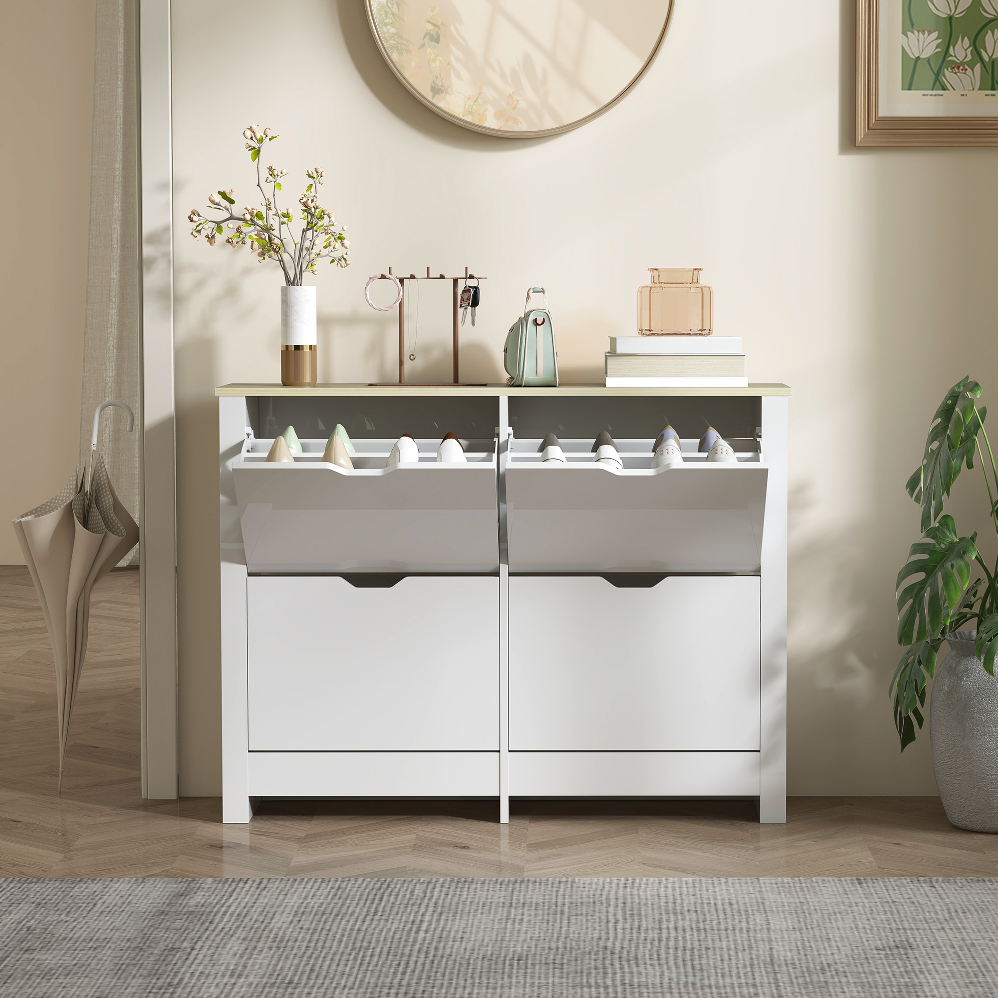 Armoire à chaussures 4 portes abattantes 2 compartiments panneaux particules blanc chêne