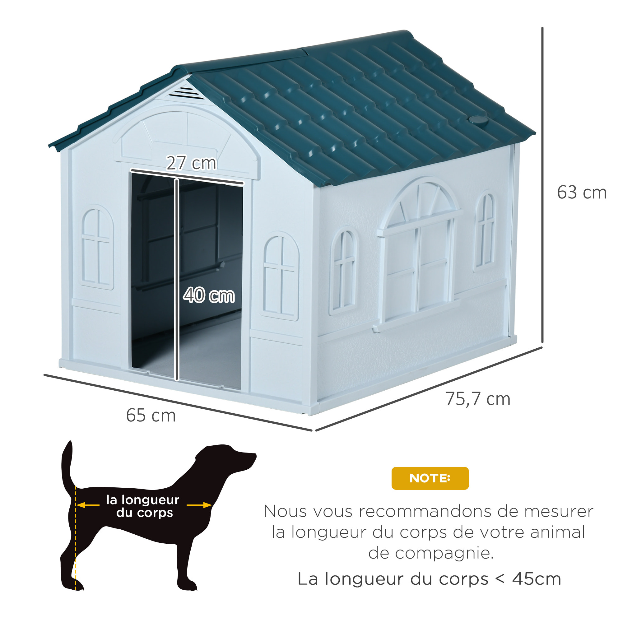 Niche pour chien design maisonnette - dim. 65L x 75l x 63H cm - PP bleu blanc