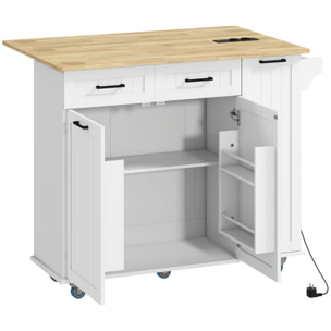Desserte îlot central de cuisine  multi-rangement - prises secteur, ports USB - blanc effet bois clair
