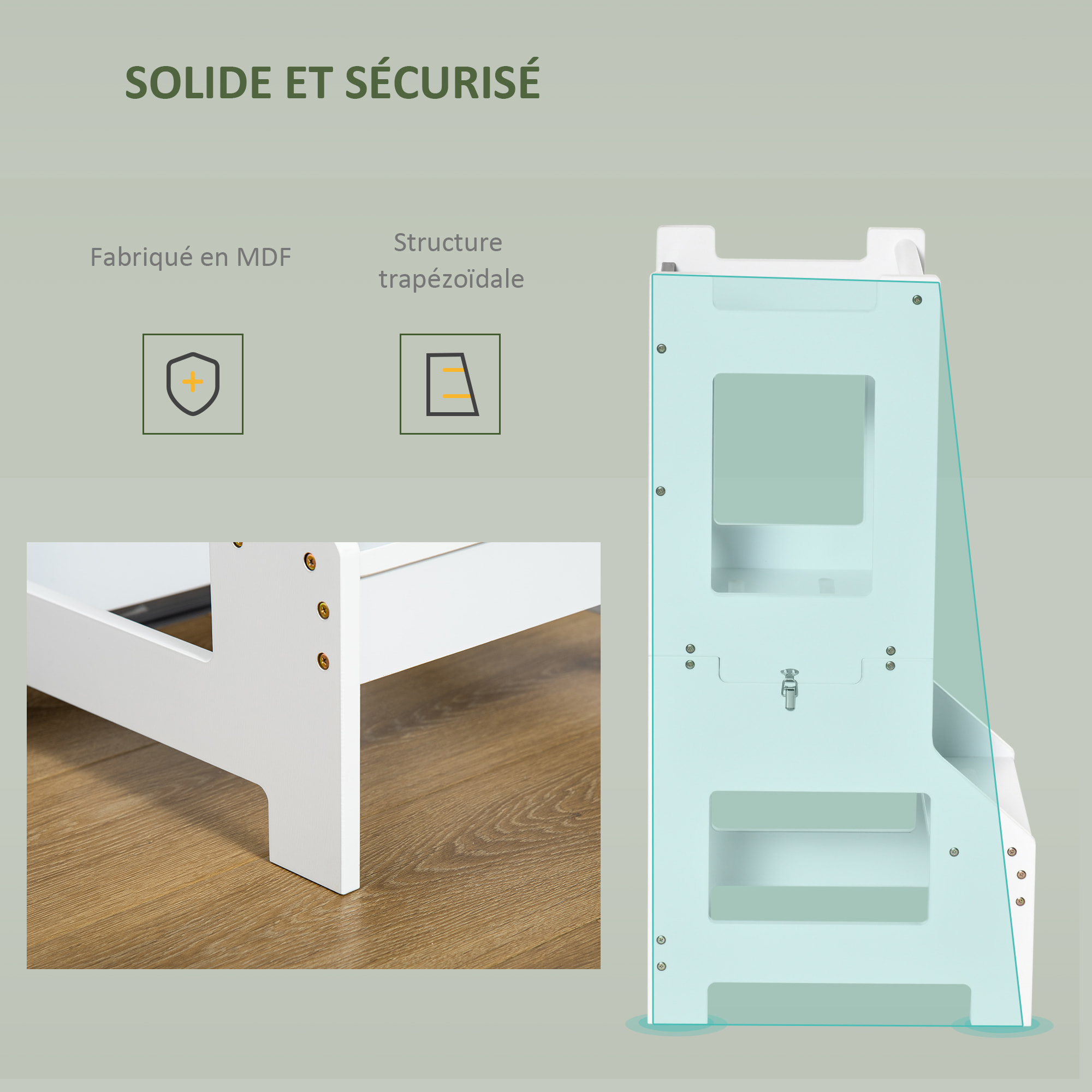 Tour d'apprentissage tableau à craie tabouret bureau 3 en 1 - marches antidérapantes, barreau, hauts rebords de sécurité - MDF blanc noir