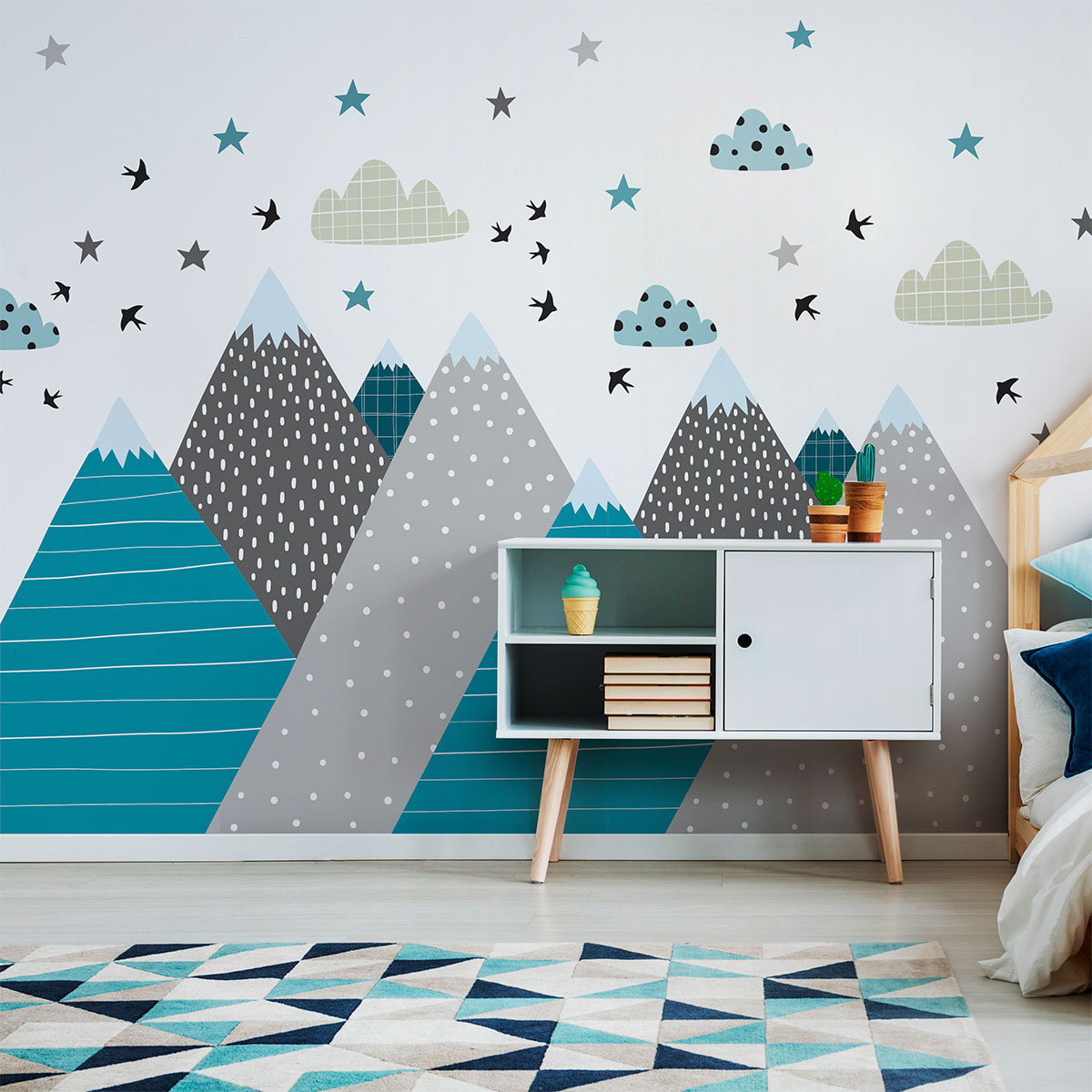 Stickers muraux enfants - Décoration chambre bébé - Autocollant Sticker mural géant enfant montagnes scandinaves JANEKA