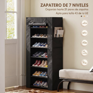 HOMCOM Zapatero de 7 Niveles, Zapatero Estrecho de Acero con Funda de Tela no Tejida, 2 Bolsillos Laterales, Estantería para 14-21 Pares de Zapatos, para Recibidor, Entrada, Pasillo, Negro