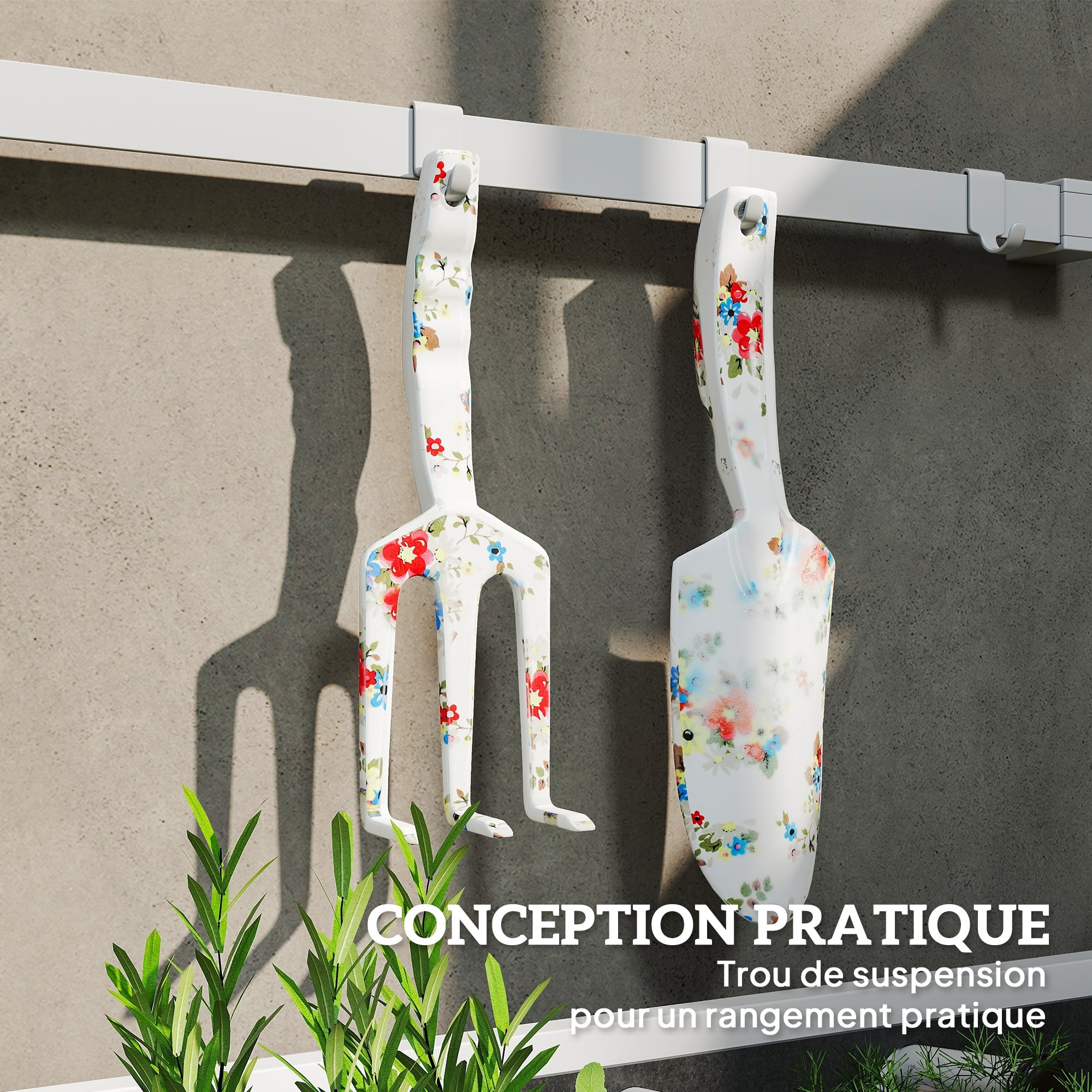 Kit 3 outils de jardin - sécateur, transplantoir, griffe à main - alu métal blanc motif fleurs