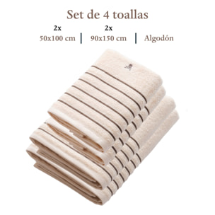 Set de 4 toallas: 2 de lavabo (100x50) y 2 de ducha (150x90), 100% algodón, 470 gsm, beige con raya marrón scalpers home