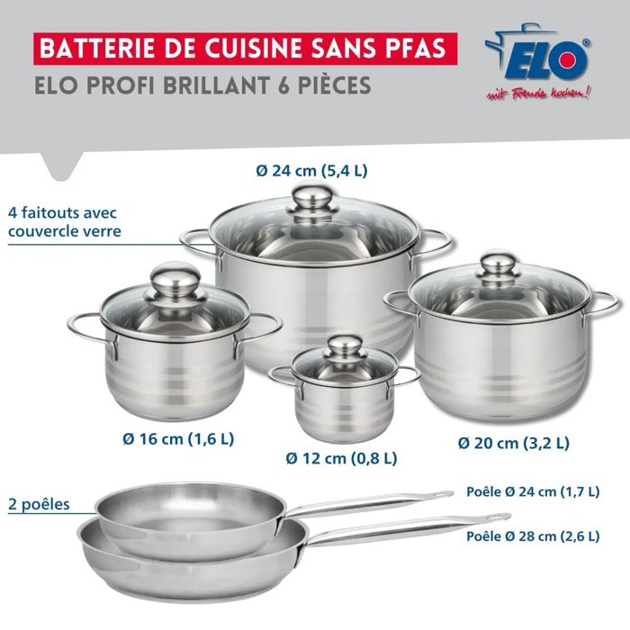 Ensemble de 2 Poêles de cuisson 24 et 28 cm et 4 faitouts 12, 16, 20 et 24 cm Elo Profi Brillant