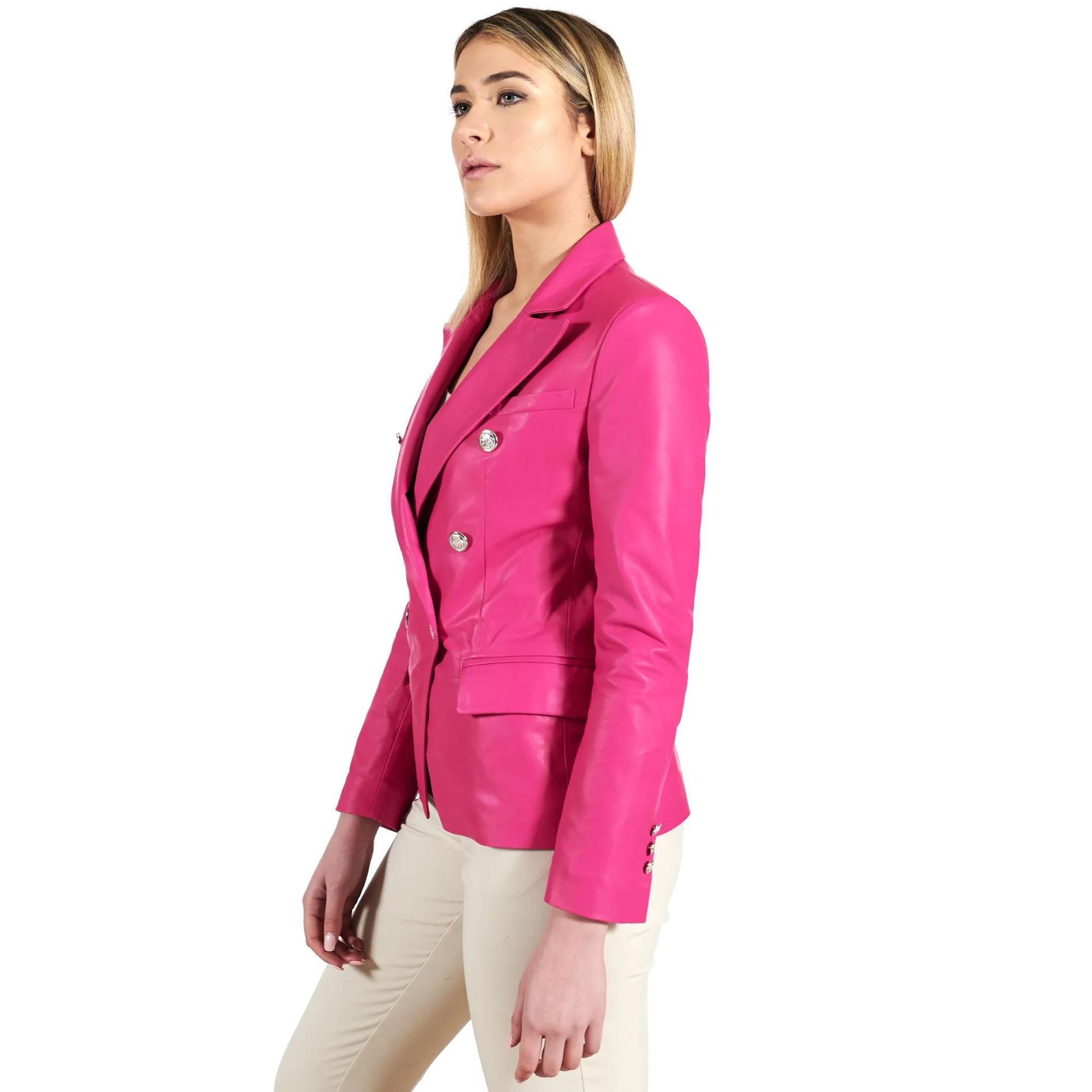 Giacca blazer doppio petto in pelle naturale fuxia