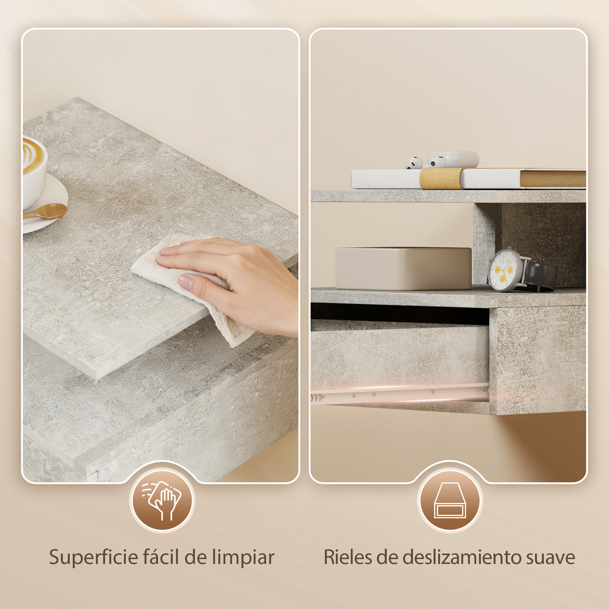 Juego de 2 Mesitas de Noche Flotantes, Mesillas de Noche Dormitorio con Cajón, Estante Abierto, Ahorra Espacio, Diseño Moderno, para Sala de Estar, 35x32x22,5 cm, Gris