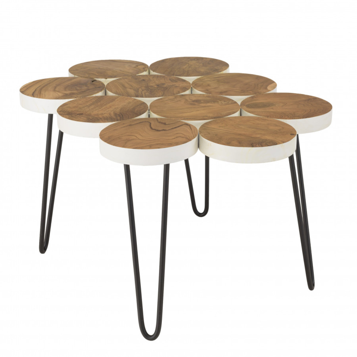 SUZY - Table basse plateau rondelles bois teck pieds épingles