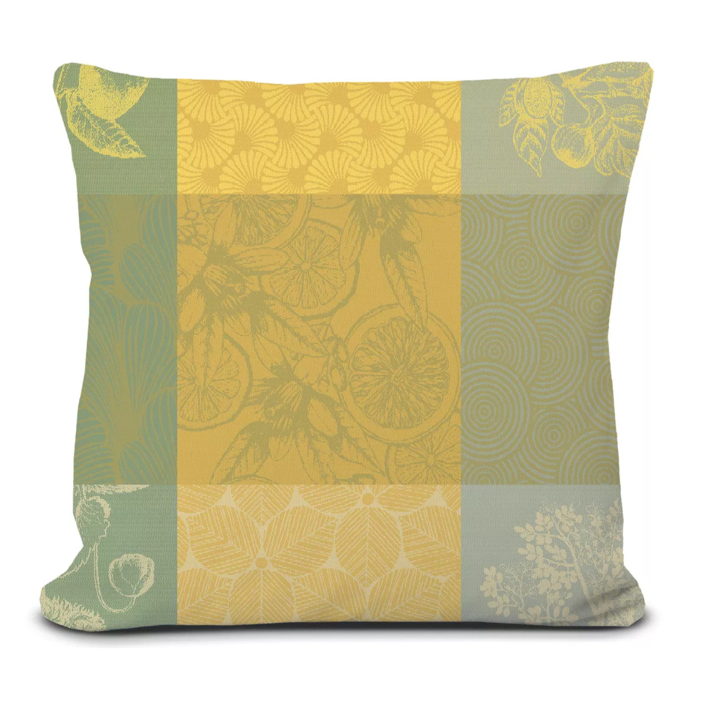 Housse de coussin pur coton 220 g/m² motif jacquard jaune vert Mille parfums limoni