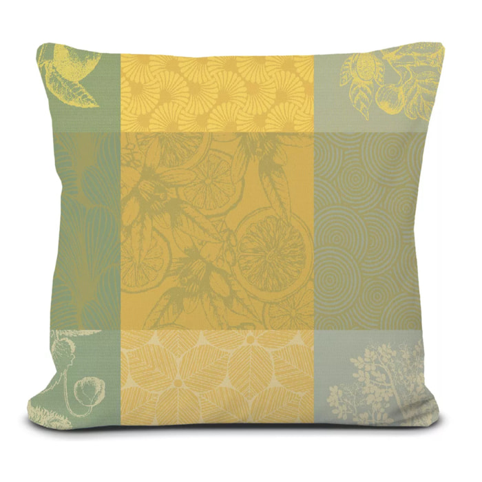 Housse de coussin pur coton 220 g/m² motif jacquard jaune vert Mille parfums limoni