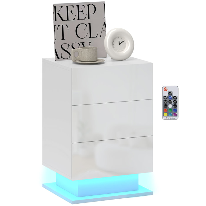 Mesita de Noche con Tira de Luz LED Multicolor Variable Mesa Auxiliar con 3 Cajones Estilo Moderno Mesilla de Noche para Dormitorio Salón 40x35x60 cm Blanco Brillo