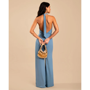 Mono largo de gasa con cuello halter drapeado de mujer