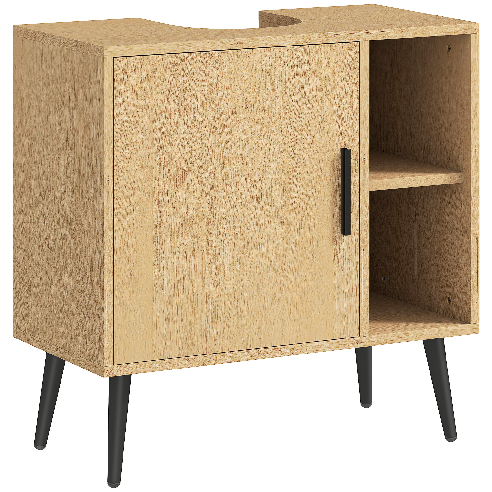 Meuble sous vasque style nordique dim. 60 x 30 x 59,5 cm - porte, 2 niches - piètement métal noir effet bois clair