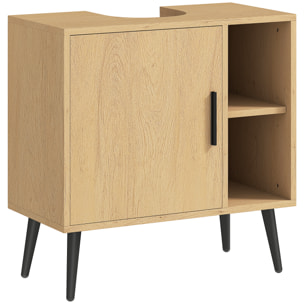 Meuble sous vasque style nordique dim. 60 x 30 x 59,5 cm - porte, 2 niches - piètement métal noir effet bois clair