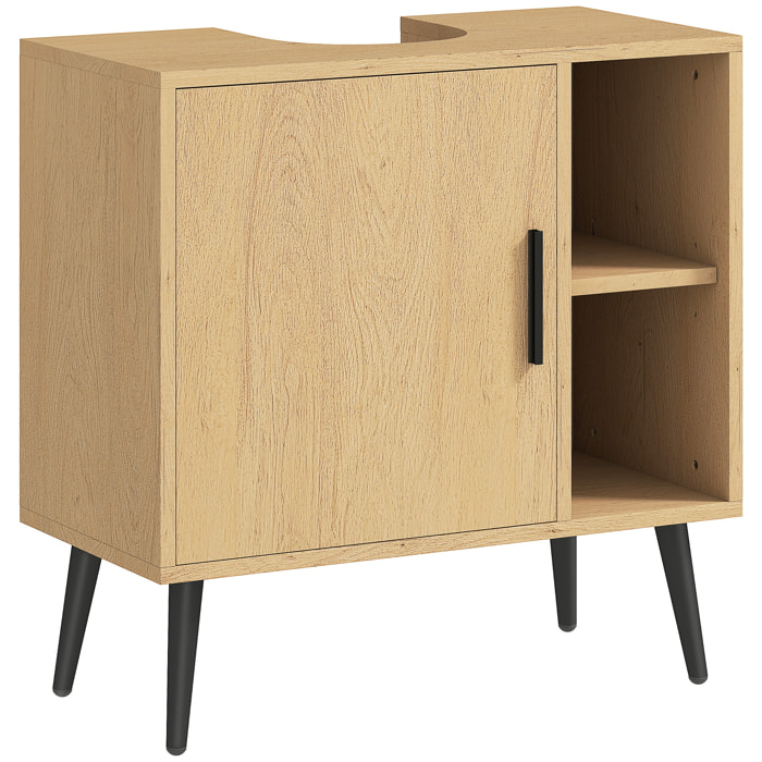 Meuble sous vasque style nordique dim. 60 x 30 x 59,5 cm - porte, 2 niches - piètement métal noir effet bois clair