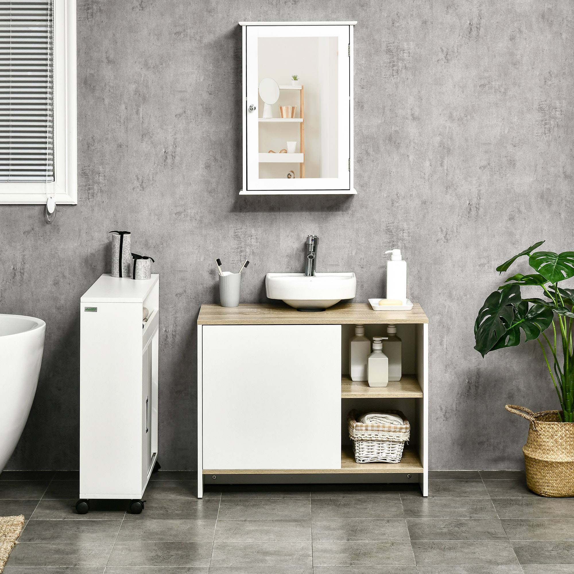 Mueble Bajo Lavabo Mueble de Lavabo Moderno Mueble de Baño con Compartimentos y Puerta 77x45x60 cm Blanco y Natural