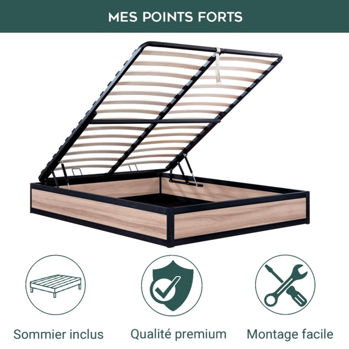 Ensemble lit coffre & matelas | Mémoire de forme, gel frais et mousse HD| Espace de Stockage jusqu'à 900 L | Robuste et Large Angle d’Ouverture | Bois et métal | Bois clair