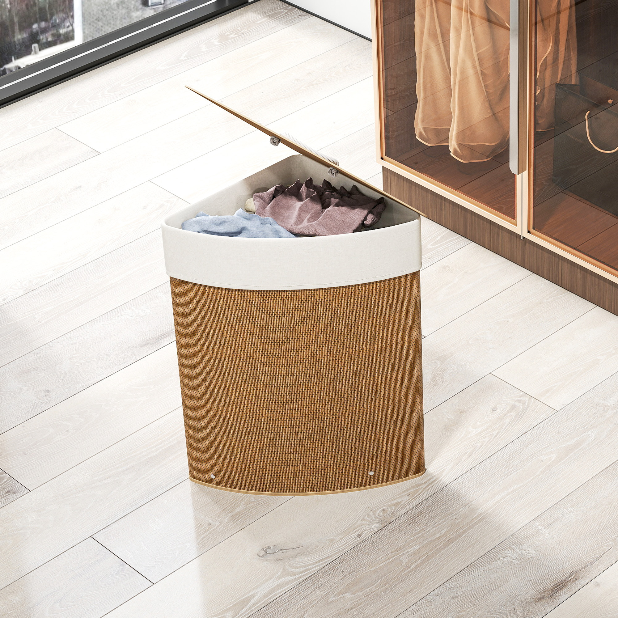 Panier à linge d'angle bambou 55L déhoussable lavable marron
