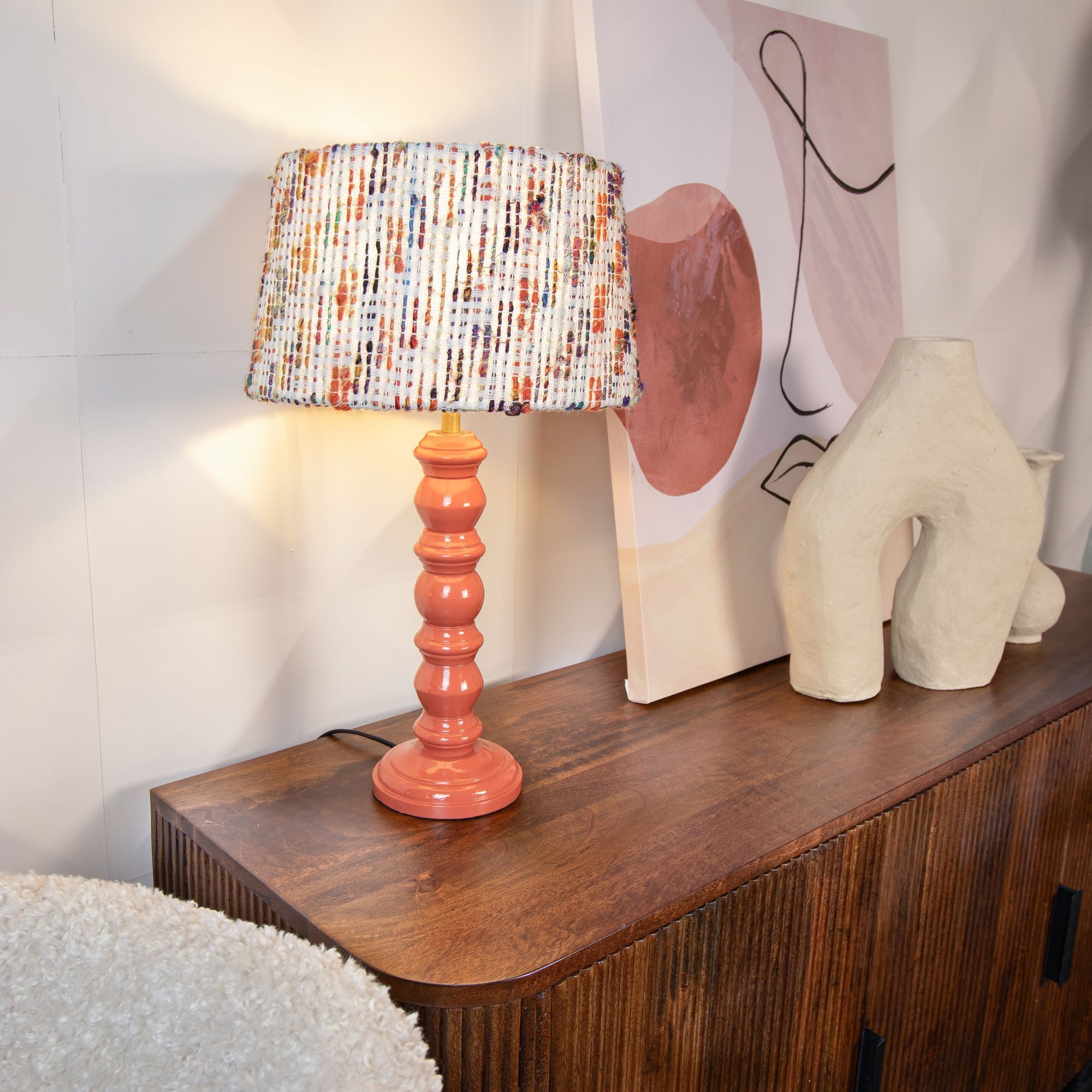 Lampe à poser en bois terracotta et abat jour en tissu h39cm ROMY