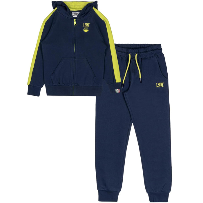 Tuta da bambino in cotone non garzato con cappuccio e zip Leone Denim Blue
