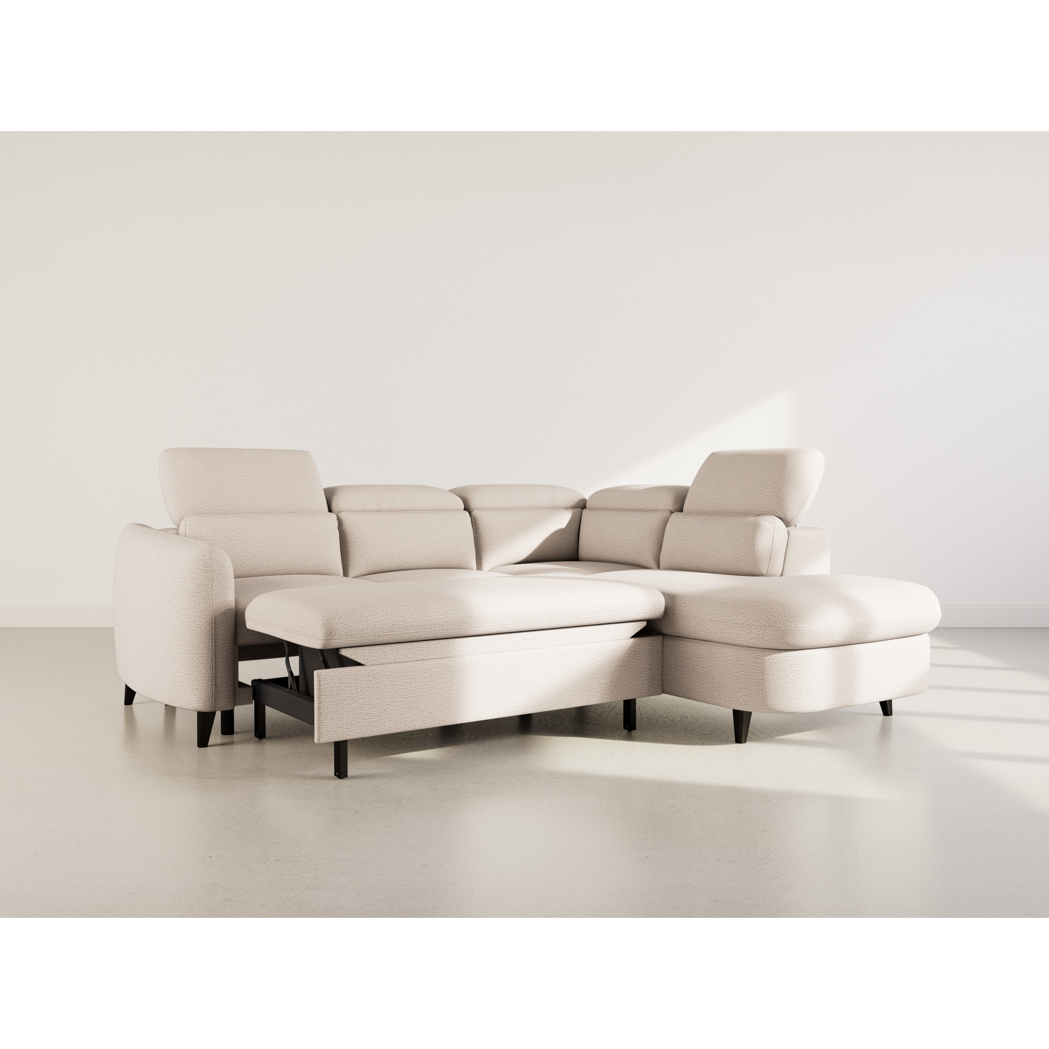 Opaline - Canapé d'angle droit 5 places convertible avec têtières et coffre en tissu texturé - Beige