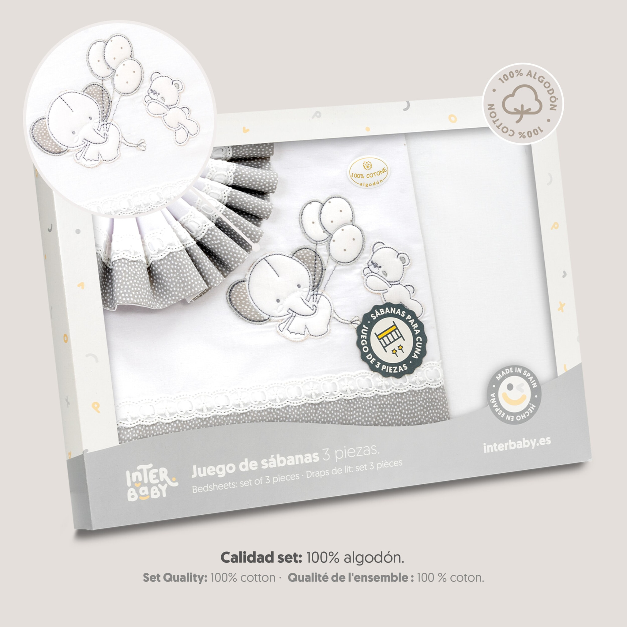 Triptico Minicuna Pasacinta Oso Elefante Globos Bco/Gris