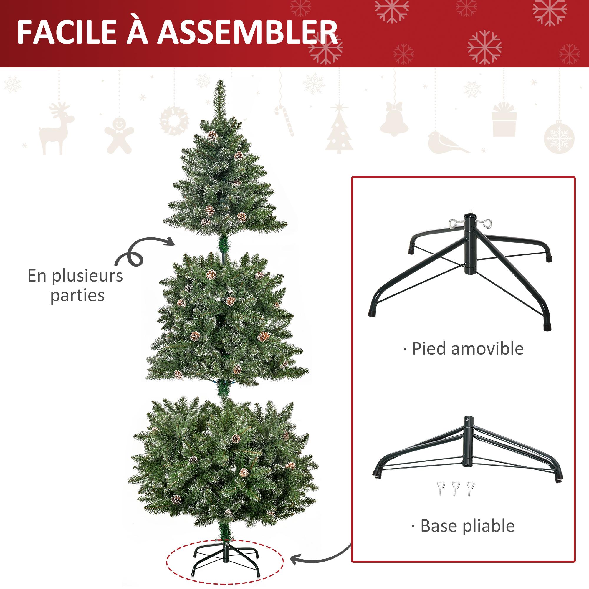 Sapin de Noël artificiel aspect enneigé Ø 86 x 180H cm 50 pommes de pin 718 branches épines imitation Nordmann grand réalisme