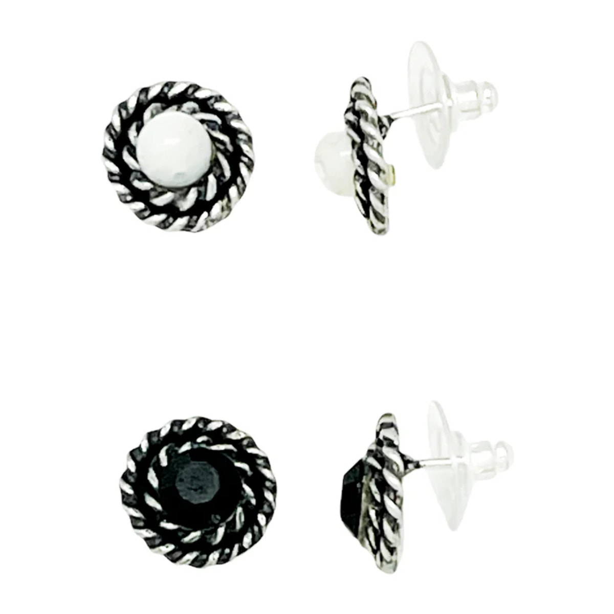 Pack de pendientes redondo filiigrana piedra nacar y SW negro plata 10µ
