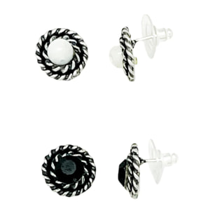 Pack de pendientes redondo filiigrana piedra nacar y SW negro plata 10µ