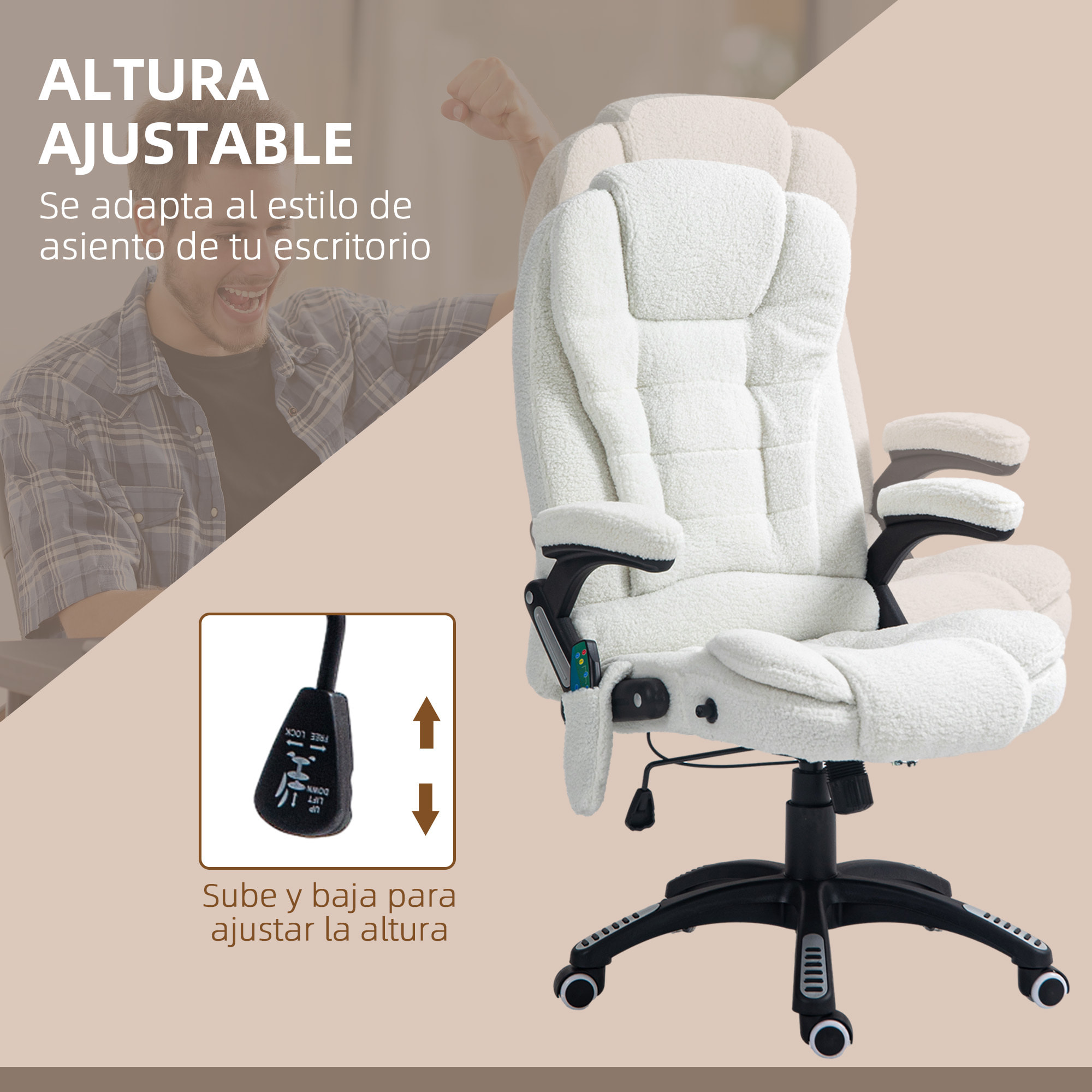 Silla de Masaje con 6 Puntos de Masaje Silla de Oficina Giratoria Silla de Escritorio con Función de Calefacción Altura Ajustable Control Remoto y Reposacabezas Tejido de Borreguillo Blanco