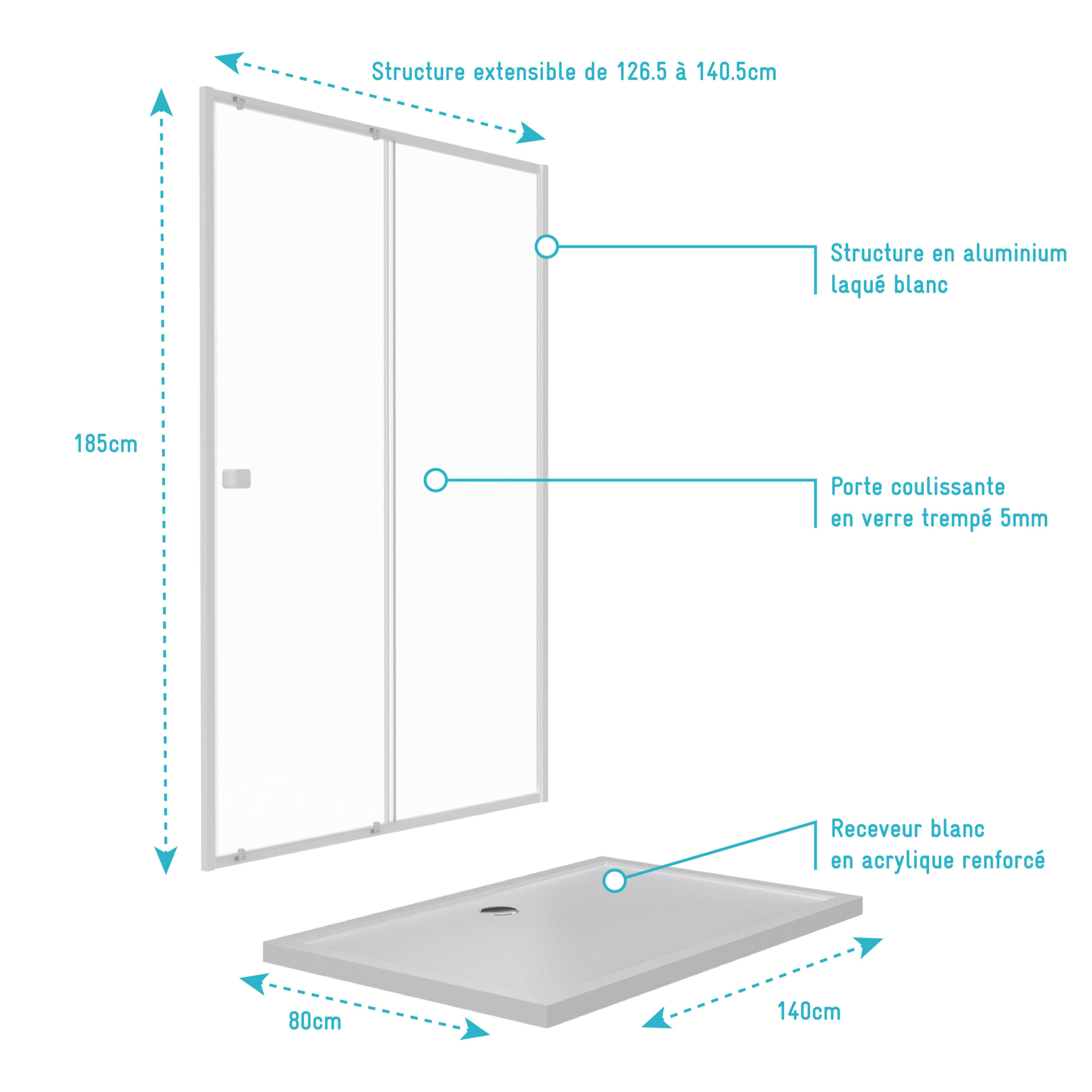Pack porte de douche coulissante blanc 140x190cm + receveur 80x140 - WHITY SLIDE