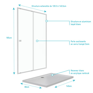 Pack porte de douche coulissante blanc 140x190cm + receveur 80x140 - WHITY SLIDE