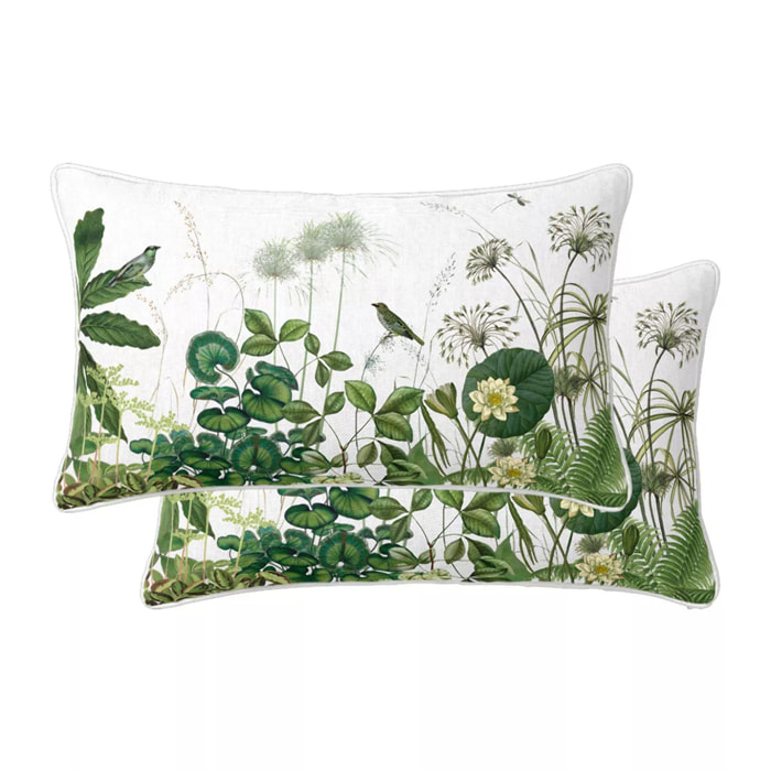 Lot de 2 taies percale de coton imprimé beige vert Nenuphars parchemin