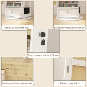 Espejo Joyero con Luces LED, Armario para Joyas, Armario Joyero con Espejo Entero, Giratorio de 360°, Cajón, Cerradura, Estantes Abiertos, Soporte para Secador, Blanco
