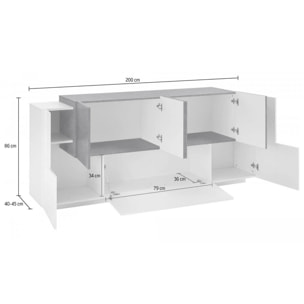 Credenza moderna a 7 ante, Made in Italy, Madia da cucina, Buffet di design da soggiorno, cm 200x45h86, colore Bianco lucido e Grigio Ardesia