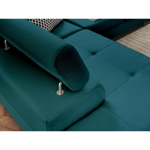 Pablo - canapé d'angle gauche - 5 places - convertible avec coffre et têtières réglables - en velours - Bleu canard