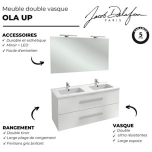 Meuble double vasque 120 cm Ola Up blanc brillant avec miroir et spots