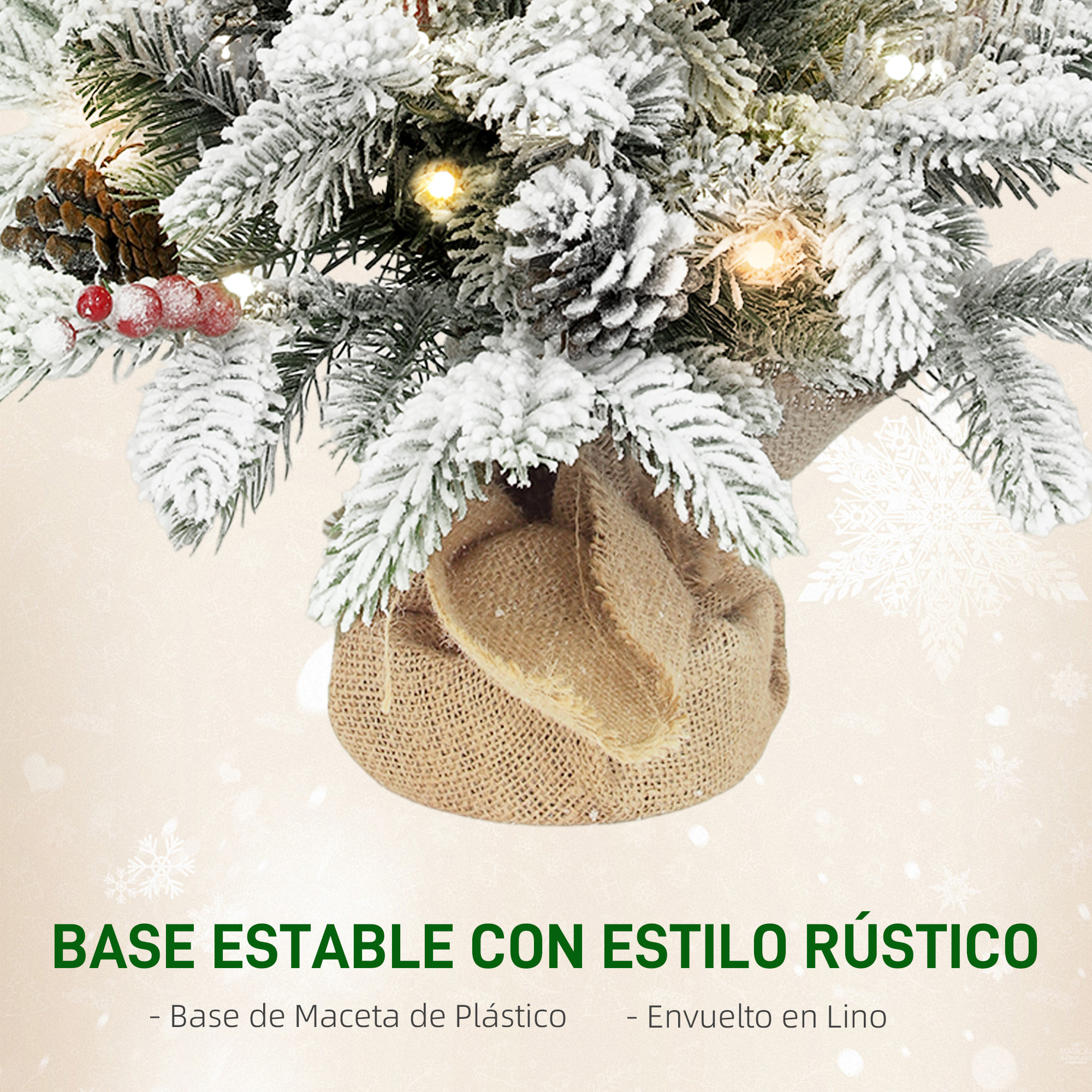 Árbol de Navidad con 35 Luces LED, 60 cm, Mini Árbol de Navidad Artificial con 182 Ramas Densas con Nieve, Piñas, Bayas y Base de Arpillera, Decoración Navideña de Mesa para Casa, Oficina Verde