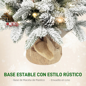 Árbol de Navidad con 35 Luces LED, 60 cm, Mini Árbol de Navidad Artificial con 182 Ramas Densas con Nieve, Piñas, Bayas y Base de Arpillera, Decoración Navideña de Mesa para Casa, Oficina Verde