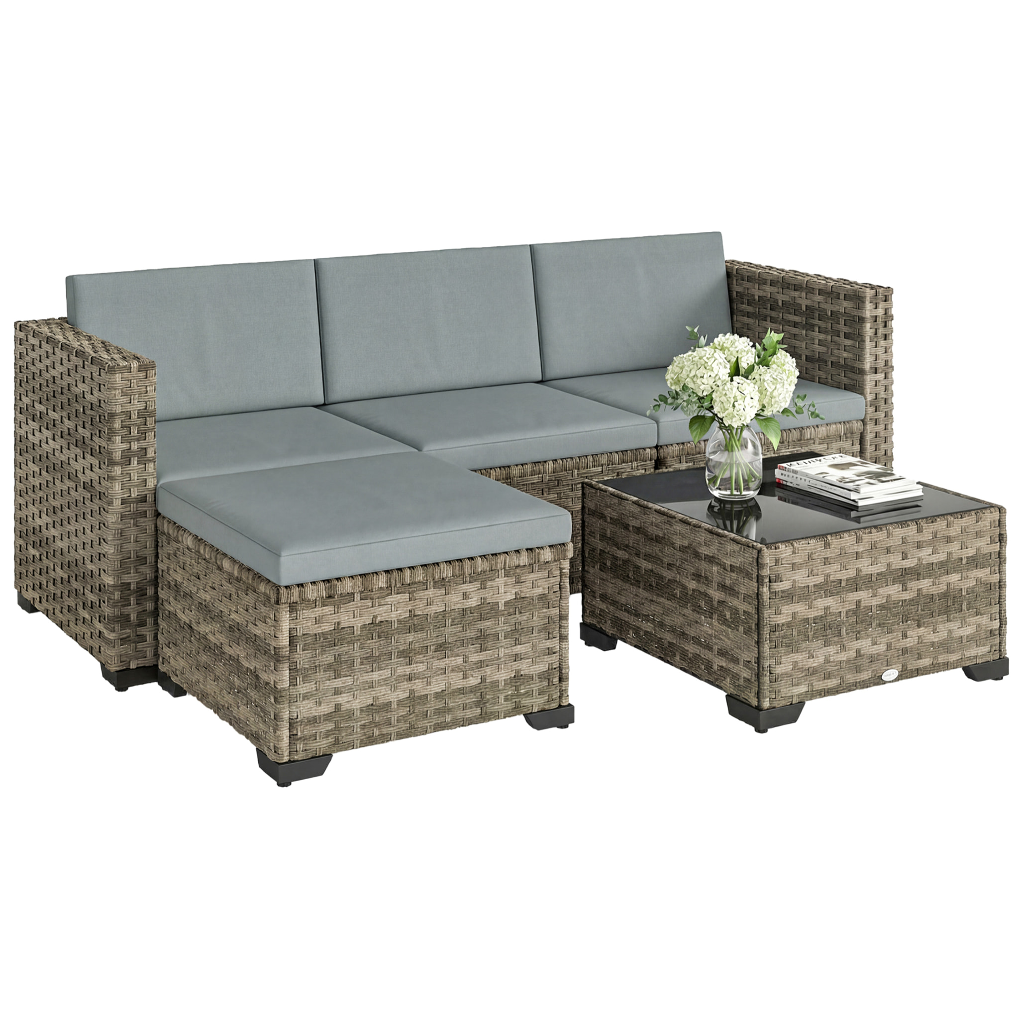 Conjunto de Jardín de Ratán de 5 Piezas, Conjunto Terraza Resistente, Muebles Jardín Exterior Incluye Cojines, 2 Sillones de Esquina, Sillón sin Brazos, Reposapiés y Mesa Centro, Gris Claro