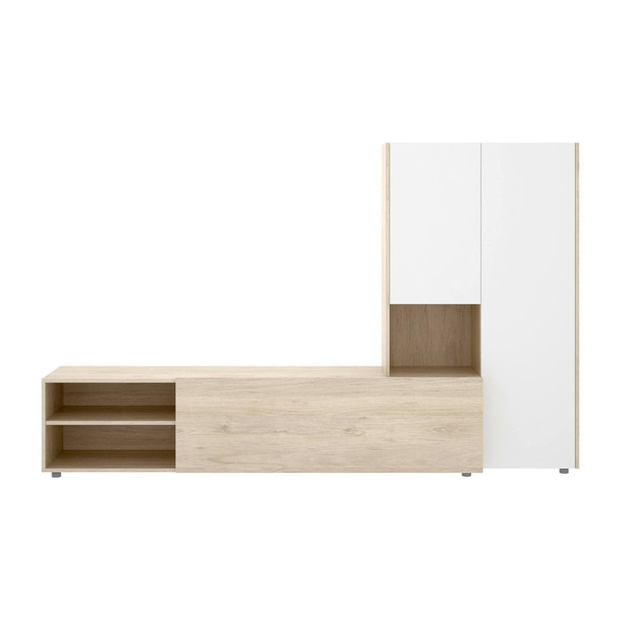 Parete attrezzata Abrino, Composizione soggiorno, Mobile salotto multiuso, Armadio porta TV, 227x40 h141 cm, Bianco e Rovere