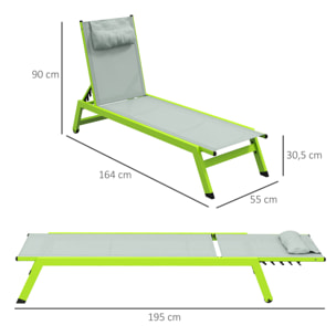 Bain de soleil transat inclinable 5 positions - tétière, 2 roulettes - alu. textilène vert