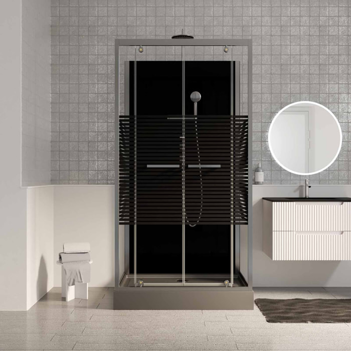 Cabine de douche rectangle 110x80x215cm - Portes pivotantes - Lignes grises anthracites - SCRATCHY 2