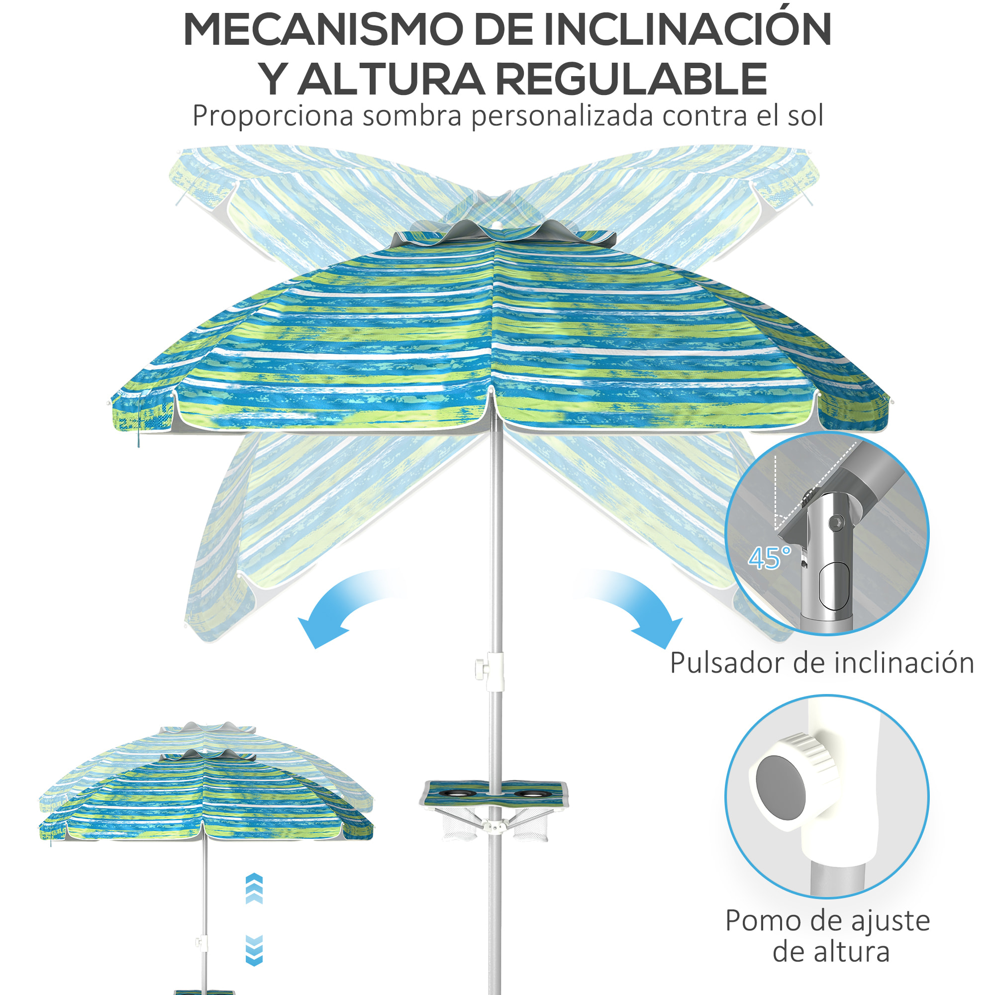 Sombrilla de Playa Ø190x215 cm Parasol para Terraza con Reclinación 45° Altura Ajustable Mesa con Portavasos Anti-UV Impermeable y Bolsa de Transporte para Jardín Piscina Multicolor