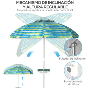 Sombrilla de Playa Ø190x215 cm Parasol para Terraza con Reclinación 45° Altura Ajustable Mesa con Portavasos Anti-UV Impermeable y Bolsa de Transporte para Jardín Piscina Multicolor