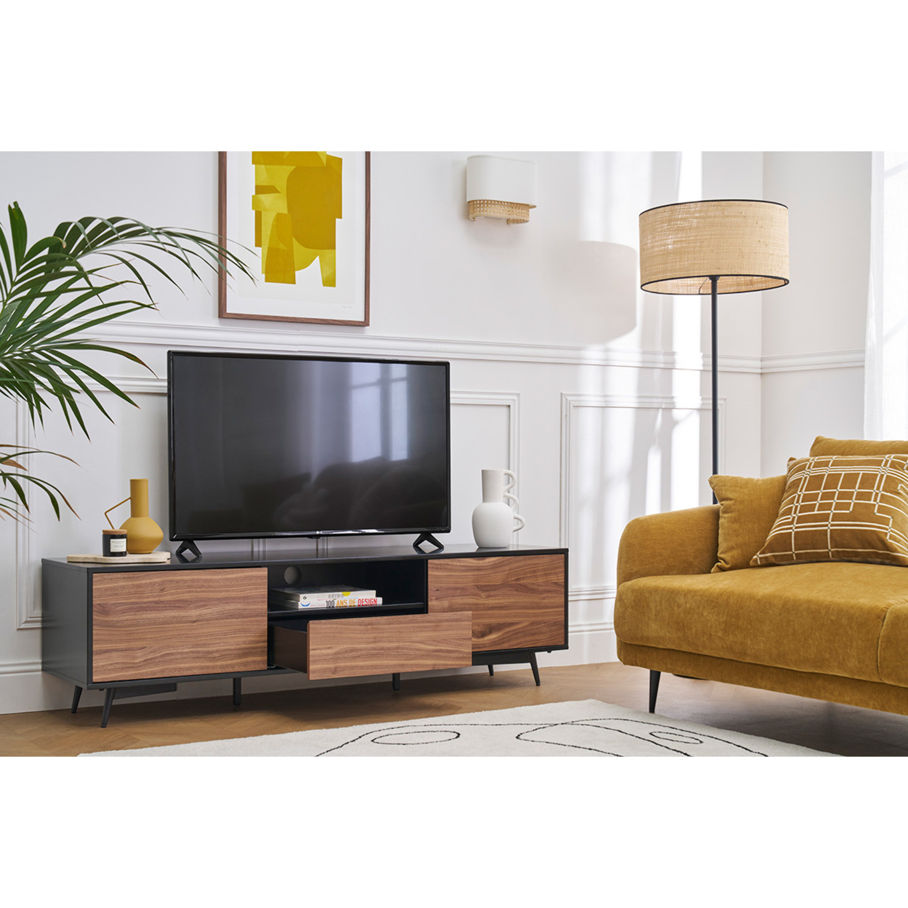 Meuble TV bois foncé noyer, noir mat et métal noir 2 portes 1 tiroir L160 cm MERMOZ