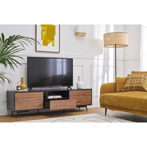 Meuble TV bois foncé noyer, noir mat et métal noir 2 portes 1 tiroir L160 cm MERMOZ
