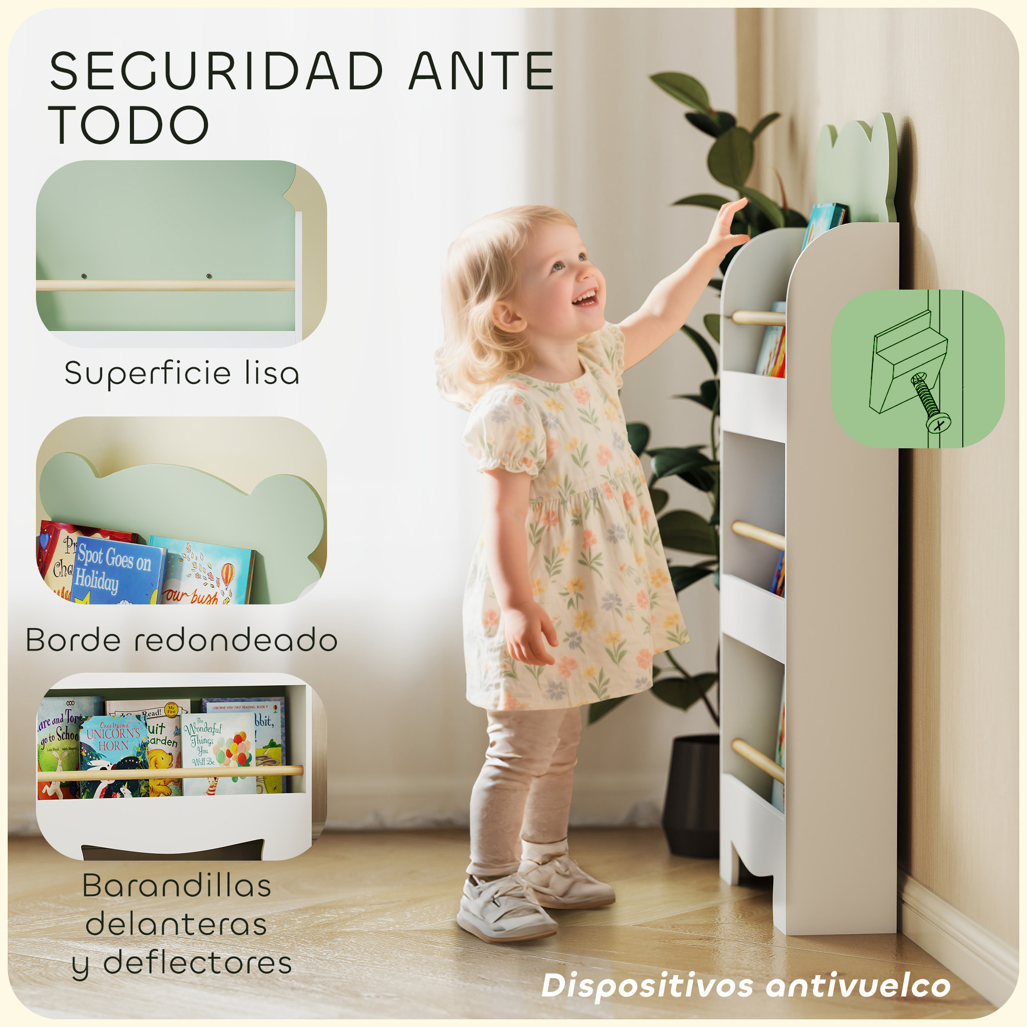 Librería Infantil de 3 Niveles Estantería para Libros Infantil Diseño de Osito para Sala de Juegos Dormitorio Guardería Verde